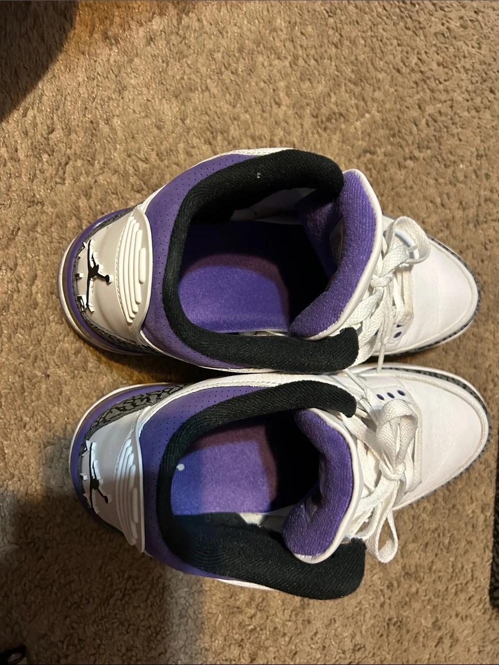 Jordan 3’s White and Purple Leather Basketball Sneakers